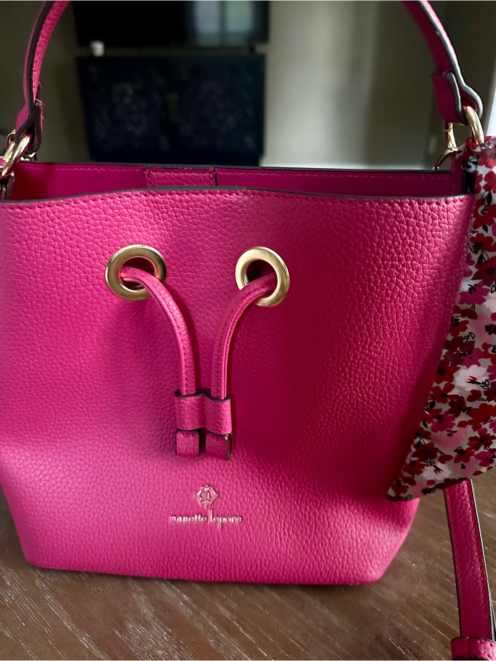 Nanette Lepore Hot Pink Pebbled Vegan Leather Bucket Bag with Scarf - Picture 2 of 5